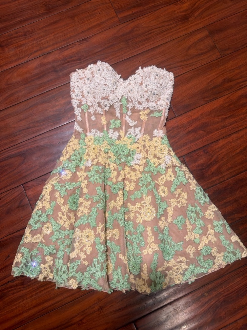 Sherri Hill Strapless Floral Appliqué Cocktail Dress in Blush, Yellow & Mint - Picture 6 of 15